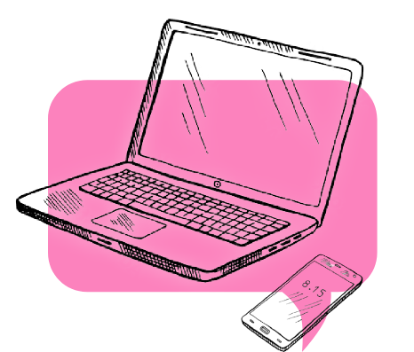 a laptop and cellphone on a salmon colored overlay